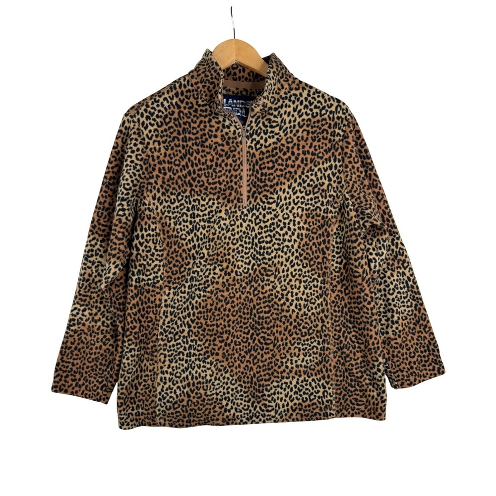 Land's End Leopard Print Quarter Zip Fleece Pullover size 1X Black/Tan